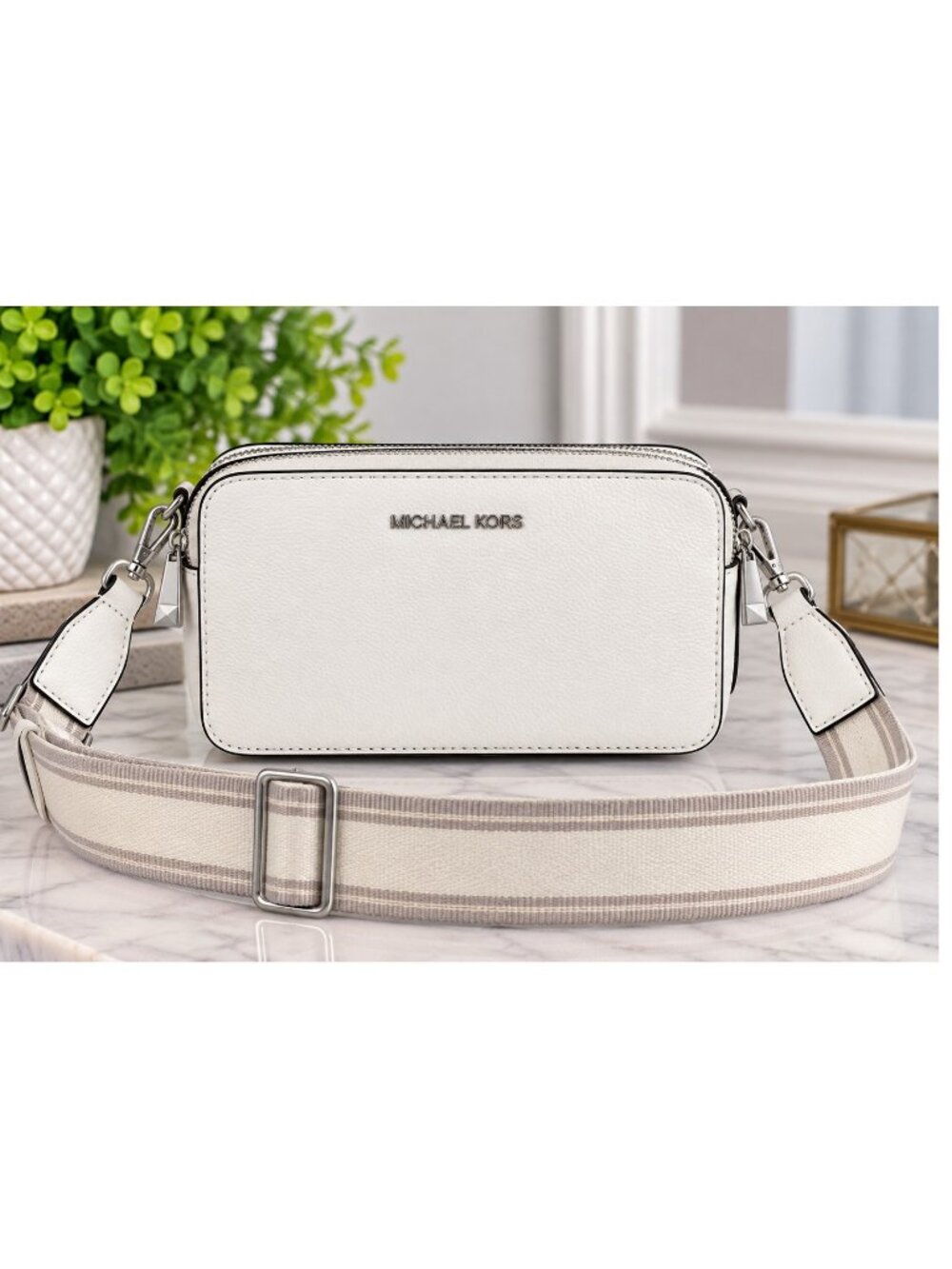 Michael Kors White Pebbled Leather Double Zip Camera Crossbody Bag Silver Hardwa